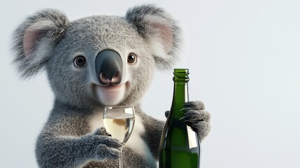 Adorable koala bear with a glass and bottle of champagne Full depth of field, isolated on white background