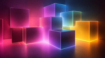 Colorful neon glowing cubes in dark room.