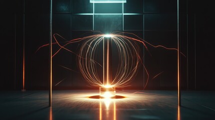 Artistic representation of magnetic attraction with glowing lines connecting the poles of two magnets in a darkened room