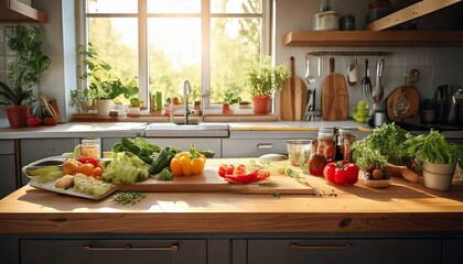 counter with fresh ingredients and cooking tools- -A modern kitchen 