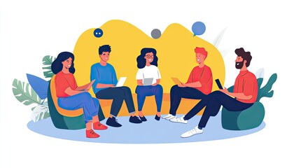 A group of five people engaged in a discussion, each using electronic devices.
