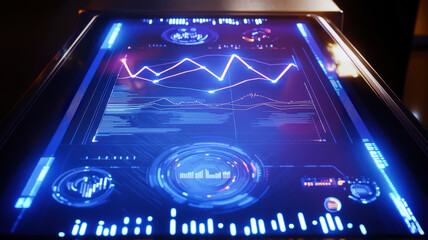 A futuristic holographic screen with interactive graphs and charts, glowing lines, and floating data points, projected in mid-air for an advanced, high-tech data visualization experience.