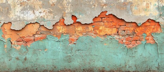 Weathered teal and orange painted brick wall texture.