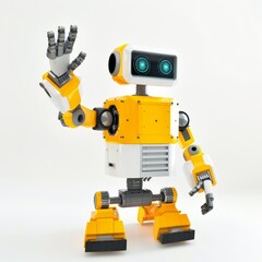 A friendly robot waving hello, isolated in white, white background