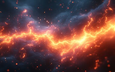 Fototapeta premium Fiery energy stream in dark clouds.