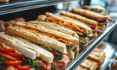 Freshly made sandwiches displayed on glass shelves.