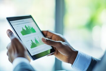 A person analyzing green bar graphs on a tablet, indicating data trends or performance.