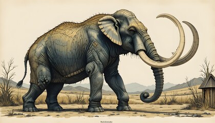Fototapeta premium Majestic Mammoth Strolls Across Arid Plains With Twin Ivory Tusks And Textured Hide