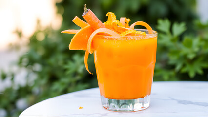 38. A vibrant orange and carrot juice garnished with carrot ribbons and orange zest