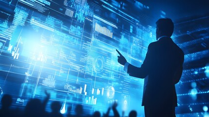 Silhouetted businessman interacts with a large digital screen displaying complex data visualizations and graphs.  The audience is cheering in the background.