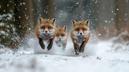 Fototapeta premium Three red foxes running through snowy forest.