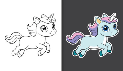 Cute cartoon unicorn character coloring page with sticker