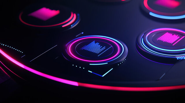 A futuristic KPI dashboard with glowing, multicolored widgets and real-time metrics, seamlessly overlaid on a polished holographic background, creating a sleek and high-tech data visualization.