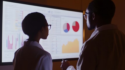 Two colleagues in lab coats review data on a large screen displaying charts and graphs.  They are in discussion, analyzing the information presented.