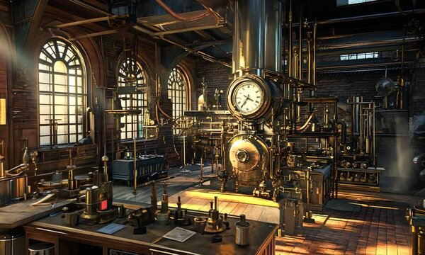 A sunlit steampunk laboratory: intricate brass machinery, vintage tools and a large clock dominate a brick-walled workshop,