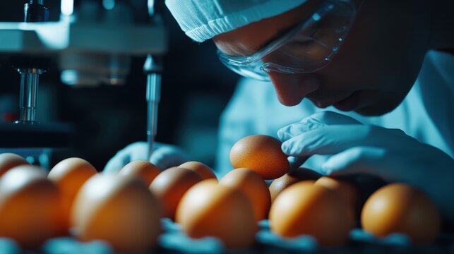 Quality control process of eggs in laboratory food testing facility close-up shot scientific environment