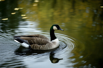 Obraz premium Majestic Goose Gliding Across Serene Lakeside at Tranquil Dawn