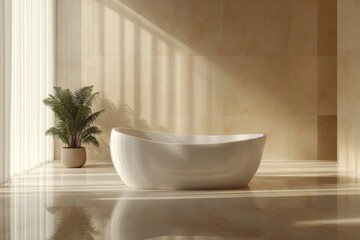 Modern bathtub in a minimalist bathroom with sunlight