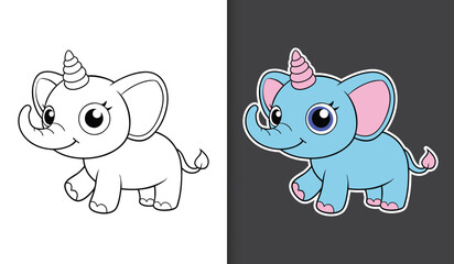 Cute cartoon elephant unicorn character coloring page with sticker