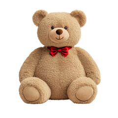 Obraz premium Soft teddy bear with red bow tie, perfect for cuddling and gifting. This plush toy brings warmth and joy to any child or adult. , png, isolated transparent