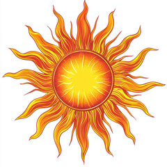 Blazing sun with fiery rays on white background, ideal for summer designs