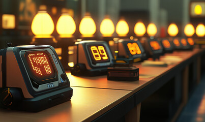 The old-fashioned computer display screens arranged on the table