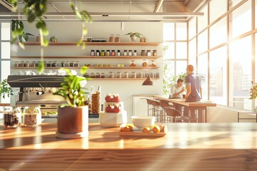 Bright cafe interior with people, plants, and shelves of jars in a sunlit space.
