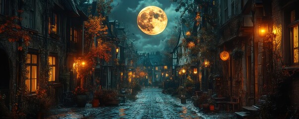 Enchanted Autumn Night: A moonlit cobblestone street in a quaint medieval town, bathed in the warm glow of autumn leaves and streetlights, creating a mystical and serene atmosphere.