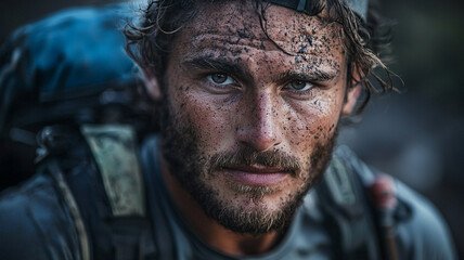 Obraz premium Close up of hiker face, showing dirt and determination