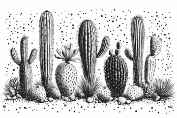 Detailed monochrome illustration of various cacti and desert plants.