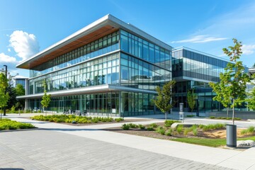 Modern glass building with landscaped surroundings and clear blue sky.
