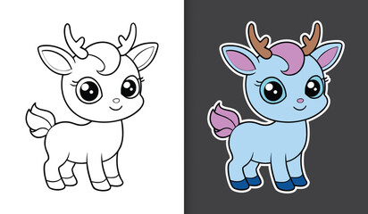 Obraz premium Cute cartoon deer unicorn character coloring page with sticker