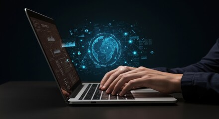 hands typing on laptop keyboard, digital network overlay, glowing blue nodes
