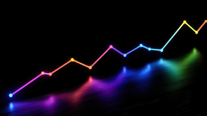 A futuristic line graph with glowing neon lines in vibrant colors, depicting upward financial trends, dynamically displayed on a sleek, polished black digital background with subtle grid patterns.