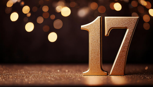 The golden number "17" stands prominently against a backdrop of golden bokeh lights and glitter, creating a festive and celebratory atmosphere. copy space	