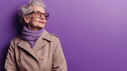 Obraz premium An elderly lady in a stylish trench coat and scarf, leaning against a vibrant purple background, with ample text space on the right.