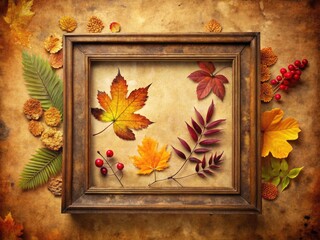 Empty antique frame silhouette, featuring fall plant motifs, evokes autumn's beauty in a photographic card design.