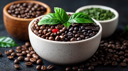 Freshly Roasted Coffee Beans in a Bowl with Green Leaves and Artfully Arranged Natural Elements on a Dark Background for Culinary and Lifestyle Imagery