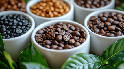 Fototapeta premium A Close-Up View of Various Coffee Beans in Beautiful White Bowls Surrounded by Fresh Green Leaves for a Rich and Inviting Coffee Experience