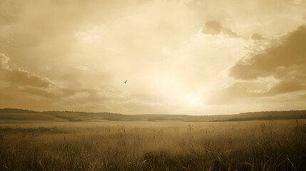 Fototapeta premium Nature with sepia-toned empty grassland and mountain landscape