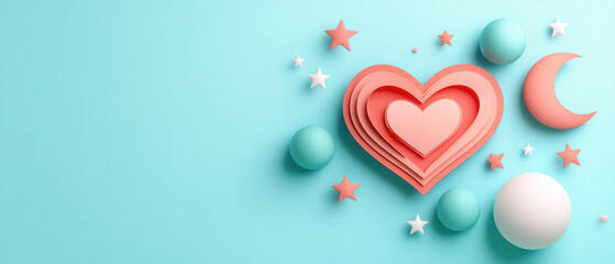 Whimsical paper cut heart with stars and moons on blue background
