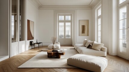 Fototapeta premium Parisian apartment living room, sunlight, minimalist decor, herringbone floors, rental staging