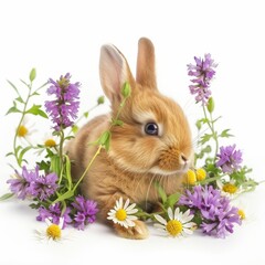 A cute bunny hiding in a flower patch, isolated in white, white background