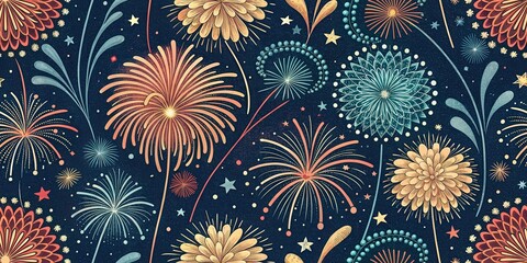 Vibrant fireworks pattern with colorful bursts and starry night sky elements
