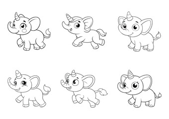 Cute cartoon elephant unicorn character coloring page with sticker bundle set