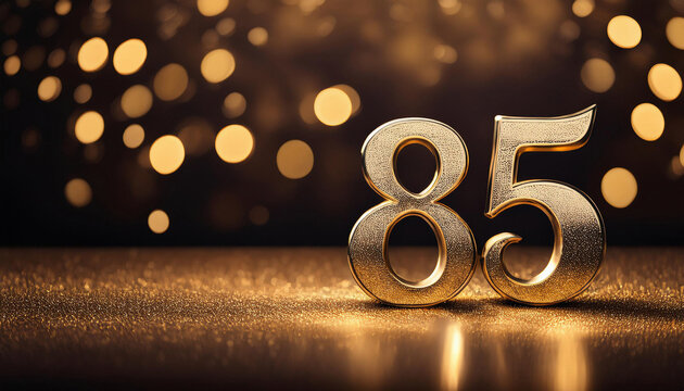 The golden number "85" stands prominently against a backdrop of golden bokeh lights and glitter, creating a festive and celebratory atmosphere. copy space	