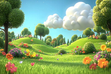 Cartoon hills with colorful wildflowers, trees, fluffy clouds, and distant forest, ideal background