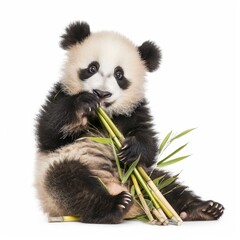 Naklejka premium A cute baby panda playing with bamboo