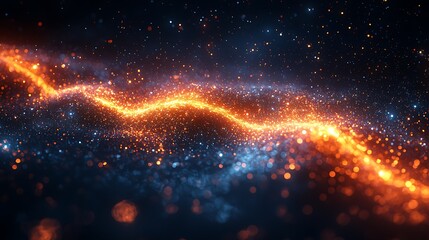 Obraz premium Abstract fiery orange and blue glowing particles wave on dark background.