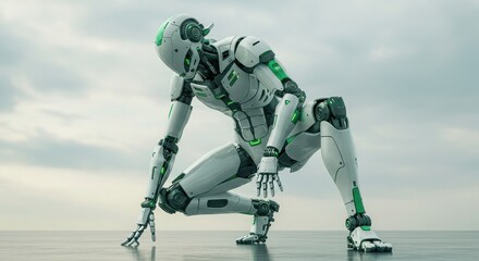 Fototapeta premium Futuristic robot figure, crouching pose, sleek white and green design, mechanical limbs